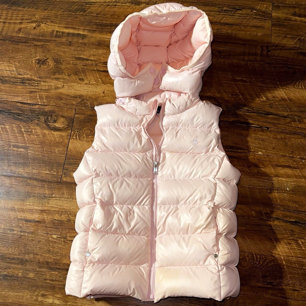 Polo Ralph Lauren Girls Pink Hooded Down Puffer Vest Full Zip Medium 8/10